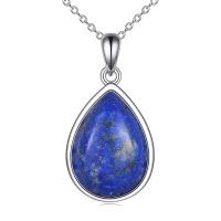 wholesale 925 Sterling Silver Teardrop Blue Stone Pendant Necklace with Natural Lapis Lazuli and Chain for Women  45cm Length- Rhodium Plated
