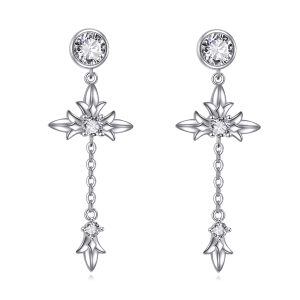 Sterling Silver CZ Cross Drop Dangle Earrings-0