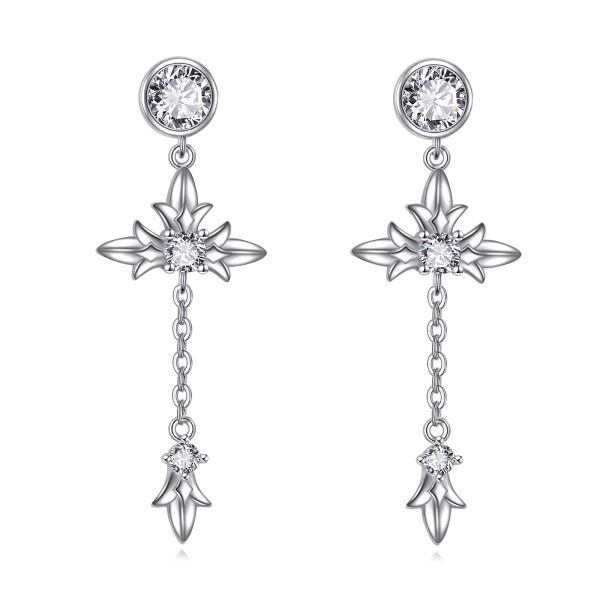 Sterling Silver CZ Cross Drop Dangle Earrings-0