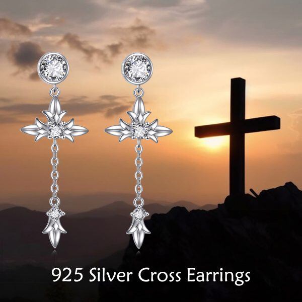 Sterling Silver CZ Cross Drop Dangle Earrings-3