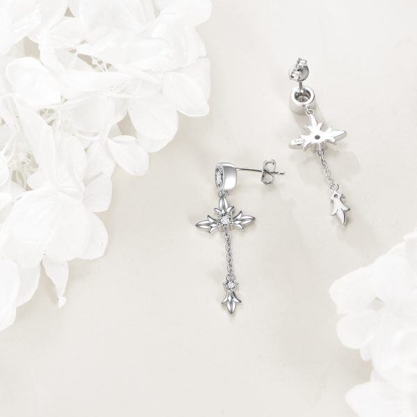 Sterling Silver CZ Cross Drop Dangle Earrings-4