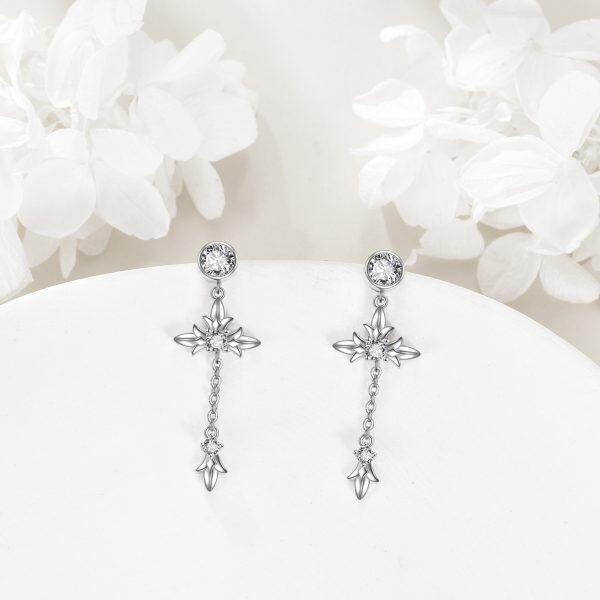 Sterling Silver CZ Cross Drop Dangle Earrings-5