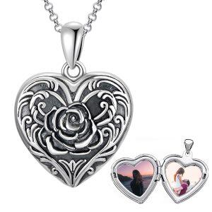 Sterling Silver Rose Flower Heart Locket Necklaces-0