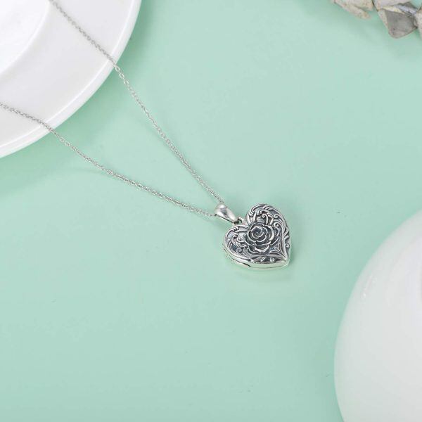 Sterling Silver Rose Flower Heart Locket Necklaces-4