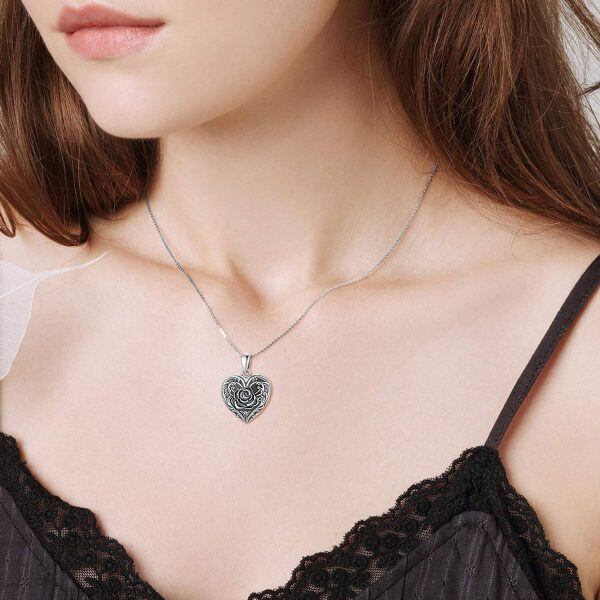 Sterling Silver Rose Flower Heart Locket Necklaces-5