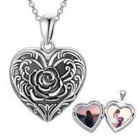 wholesale 925 Sterling Silver Gold-Plated Heart-Shaped Pendant with Floral Design and Picture Frame - Customizable Photo Jewelry for Women- Oxidized/Oxidised