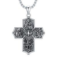 wholesale 925 Sterling Silver Saint Michael St Christopher St Benedict St Joseph St Francis Four-Way Cross Pendant Necklace - Oxidized/Oxidised