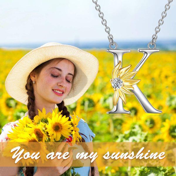 Sterling Silver Sunflower K Pendant Necklace-2