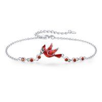 wholesale 925 Sterling Silver Red Enamel Bird Charm Bracelet for Women- Rhodium Plated