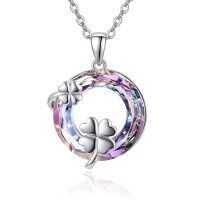 wholesale 925 Sterling Silver Rainbow Crystal Four-Leaf Clover Pendant Necklace  for Women - Sliver Plated