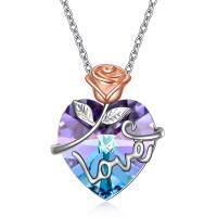 wholesale 925 Sterling Silver Heart-Shaped Purple Crystal Rose Flower Pendant Necklace for Women Romantic Valentine's Day s- Rhodium And Rose Gold Plated