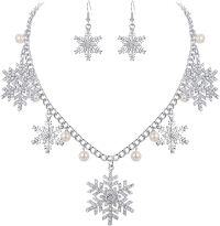 wholesale 925 Sterling Silver Snowflake Necklace & Earrings Set with Pearls and Crystals- Rhodium Plated