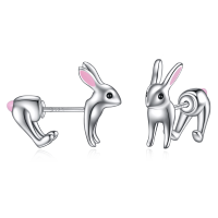 wholesale 925 Sterling Silver Pink Bunny Rabbit 3D Stud Earrings Jewelry for Women- Rhodium Plated