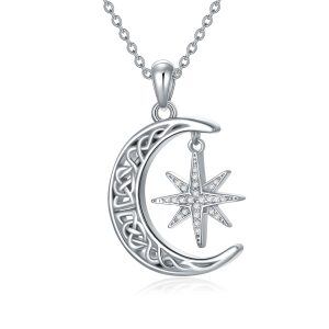 Sterling Silver Celtic Moon Star Pendant Necklace-0