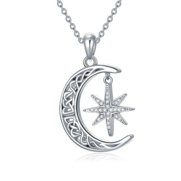 Sterling Silver Celtic Moon Star Pendant Necklace-0