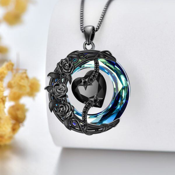 Sterling Silver Black Rose Crystal Pendant Necklace-3