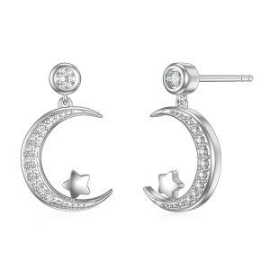 Sterling Silver Shining Moon and Star Stud Earrings-0