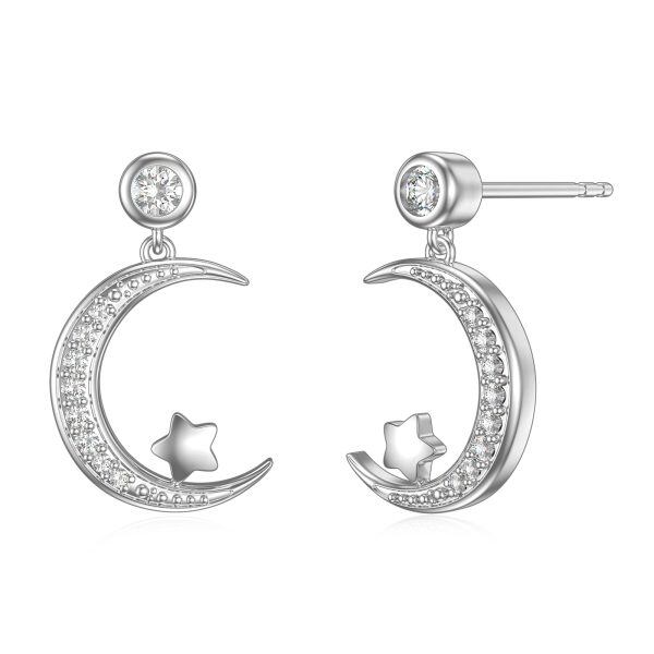 Sterling Silver Shining Moon and Star Stud Earrings-0