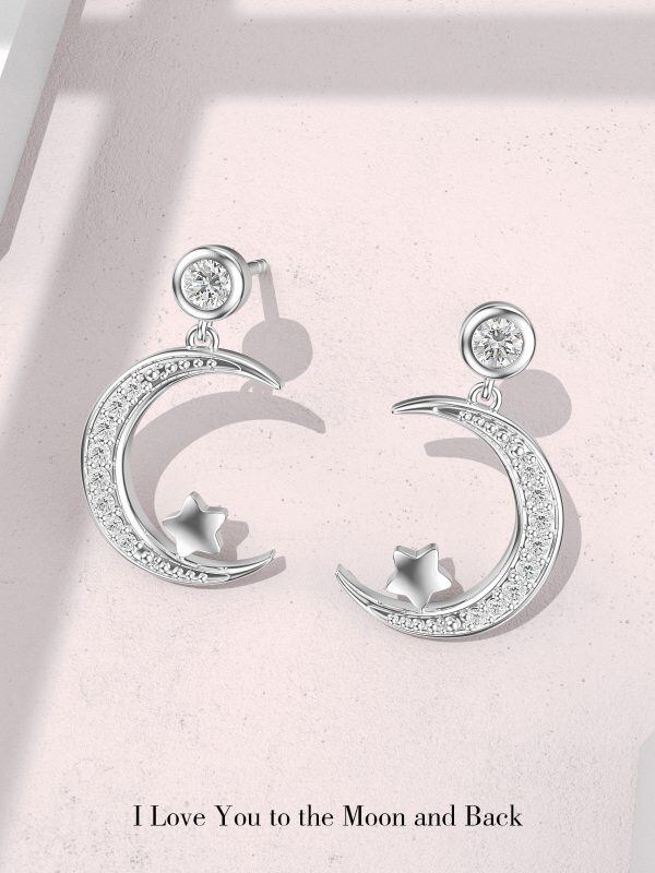 Sterling Silver Shining Moon and Star Stud Earrings-3