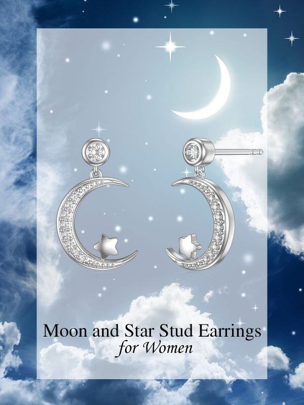 Sterling Silver Shining Moon and Star Stud Earrings-4