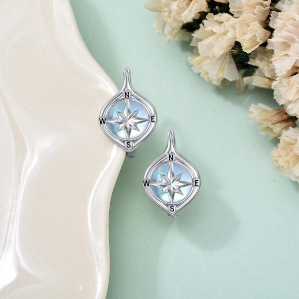 Sterling Silver Compass Moonstone Huggie Earrings-4