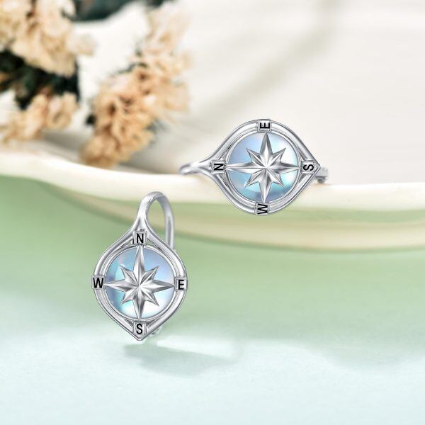 Sterling Silver Compass Moonstone Huggie Earrings-5