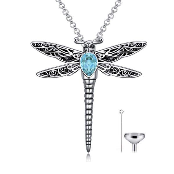 Sterling Silver Dragonfly Simulated Aquamarine Urn Necklace-0