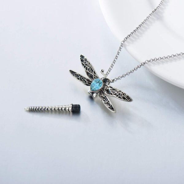 Sterling Silver Dragonfly Simulated Aquamarine Urn Necklace-4