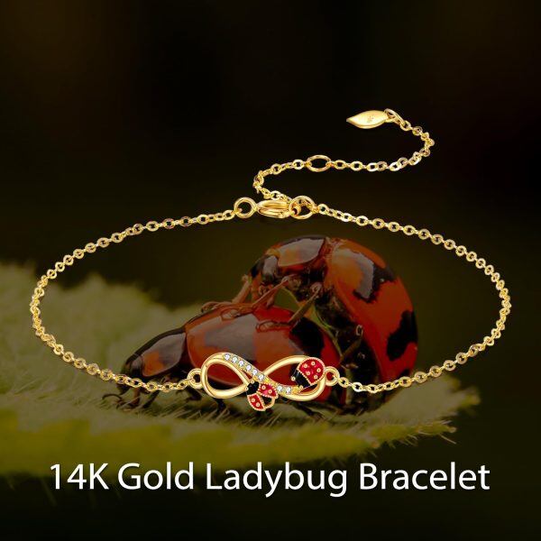 14K Gold Enamel Ladybug Chain Bracelets-3