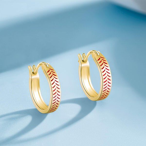 Sterling Silver Gold Plated Baseball Hoop Earrings-4