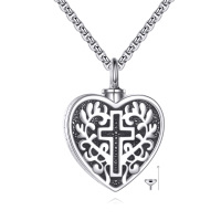 wholesale 925 Sterling Silver Heart-Shaped Cross Pet Cremation Keepsake Pendant Necklace with Funnel and Chain - 3D Laser Engraved Design (Silver)- Oxidized/Oxidised