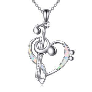 Sterling Silver Flute Opal Heart Pendant Necklaces-0