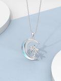 wholesale 925 Sterling Silver & 14K White Gold Plated CZ Palm Tree Crescent Moon Pendant Necklace for Women-0-5