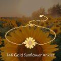 wholesale 14K Gold Yellow Daisy Flower Ankle Anklet with Crystal Accents - Adjustable Length Chain Jewelry for Women's Gifts (Christmas)-0-2
