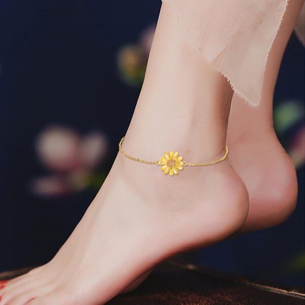 14K Gold Daisy Flower Ankle Bracelets-3