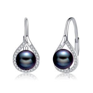 Sterling Silver Black Pearl Hoop Earrings-0