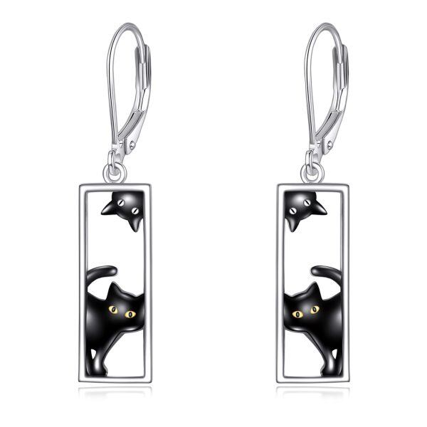 Sterling Silver Black Cat Drop Earrings-0