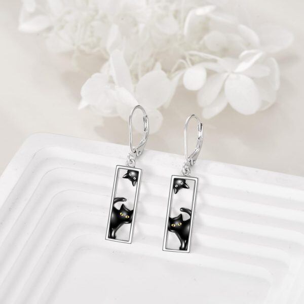 Sterling Silver Black Cat Drop Earrings-4