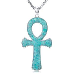 Sterling Silver Blue Ankh Pendant Necklace WIth Stainless Steel Chain-0