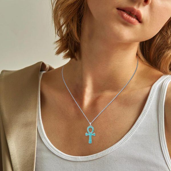 Sterling Silver Blue Ankh Pendant Necklace WIth Stainless Steel Chain-3