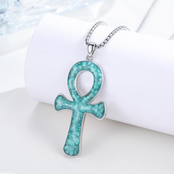 Sterling Silver Blue Ankh Pendant Necklace WIth Stainless Steel Chain-5