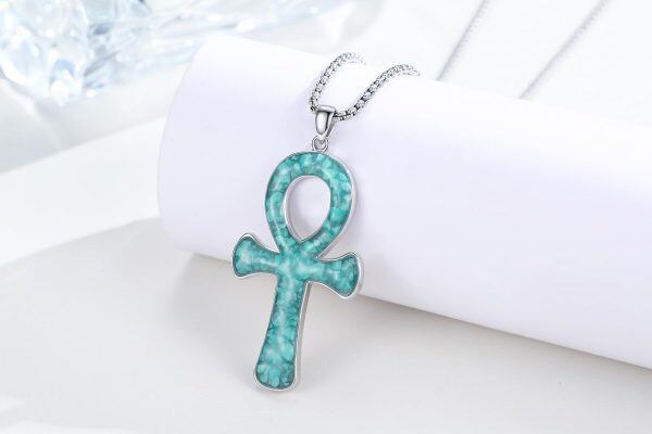 Sterling Silver Blue Ankh Pendant Necklace WIth Stainless Steel Chain-6