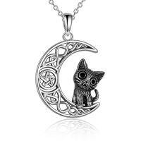 wholesale 925 Sterling Silver Celtic Moon Cat Pendant Necklace for Women Wiccan Jewelry- Oxidized/Oxidised