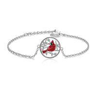 wholesale 925 Sterling Silver Red Enamel Cardinal Bird Charm Bracelet for Women- Sliver Plated