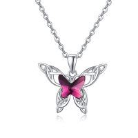 wholesale 925 Sterling Silver Pink Crystal Celtic Knot Butterfly Pendant Necklace with 20 Chain- Rhodium Plated