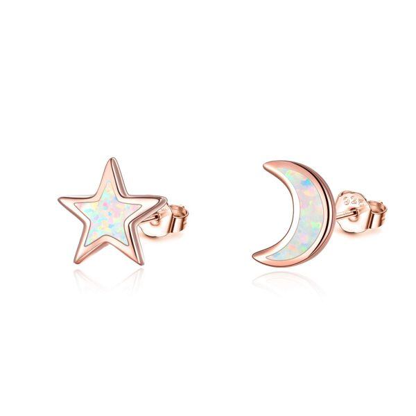 Sterling Silver Moon Star Asymmetrical Stud Earrings-2