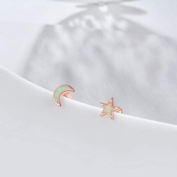 Sterling Silver Moon Star Asymmetrical Stud Earrings-5