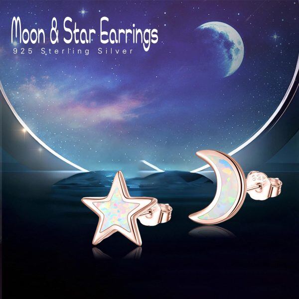 Sterling Silver Moon Star Asymmetrical Stud Earrings-20