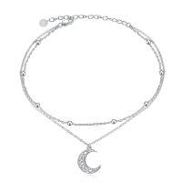 wholesale 925 Sterling Silver Crescent Moon Charm Ankle Bracelet Minimalist Foot Jewelry for Women Girls 3 Layers Adjustable Size- Rhodium Plated