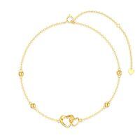 wholesale 14K Gold Anklet - Double Heart Design Solid 14K Gold Chain Bracelet with Beads and Small Pendant Gifts for Her- Gold Plated